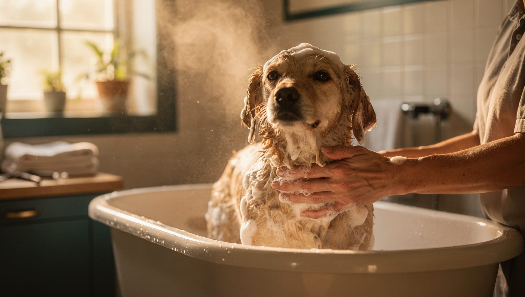 A calm dog being gently washed in a warm, sudsy bath
