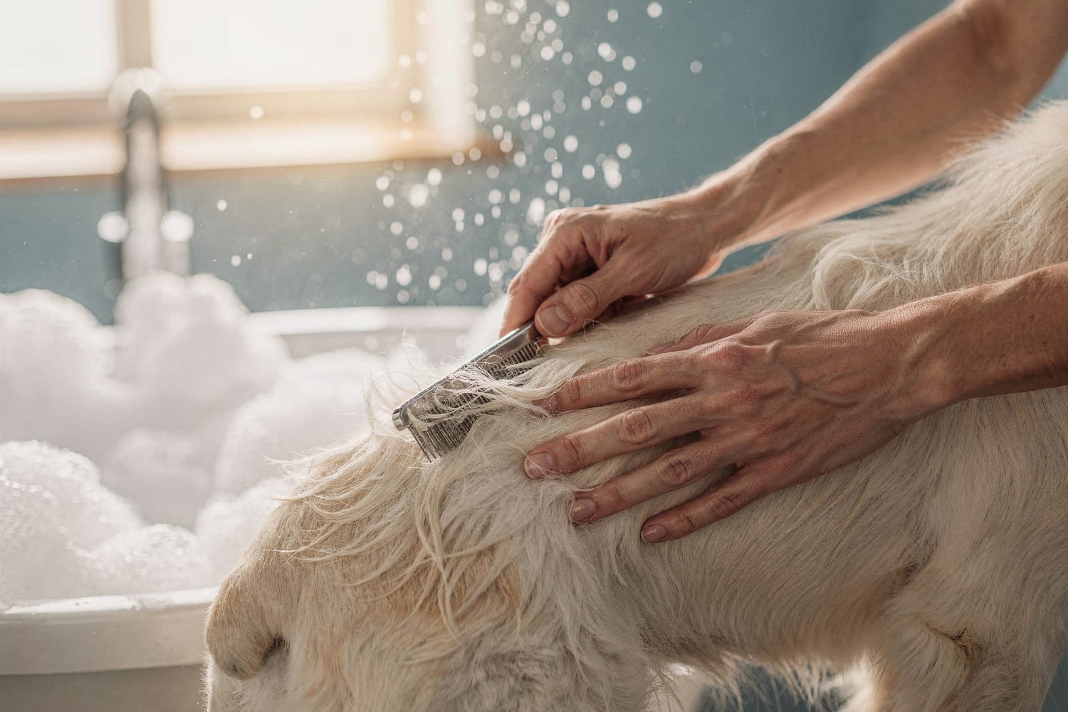 Gentle hands brushing out a clean, fluffy dog's coat on the grooming table