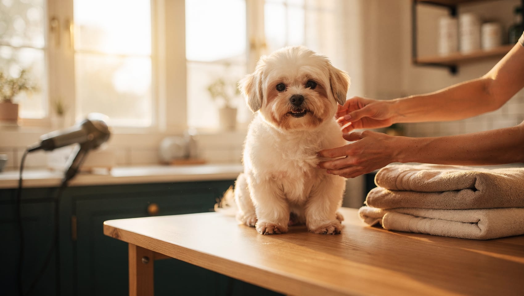 A freshly groomed, happy dog sitting calmly on a grooming table in a bright, sunlit Aurora salon